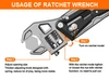Three-step instruction guide showing how to use an adjustable ratchet wrench on a hex nut.