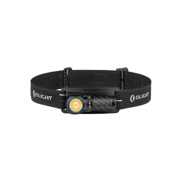 Olight PERUN 3 MINI black headlamp, front view, with adjustable strap for hands-free outdoor use.