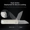 Dual-action folding knife with button lock and flipper mechanism diagram showing smooth blade deployment.