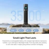 Compact flashlight with 3500mAh battery, 3+ hours high, 18+ hours medium, 6+ days low runtime, outdoor scene.