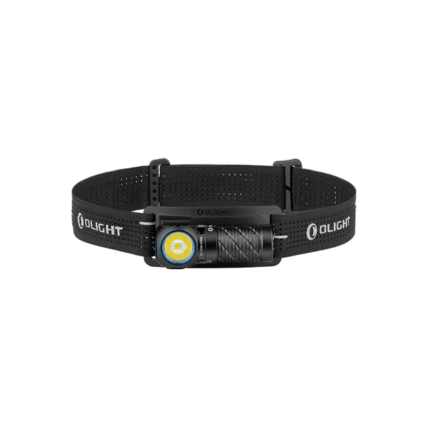 Olight Black Perun 3 Mini Headlamp on white background with hands-free illumination for outdoor activities.