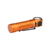Olight orange L-shaped flashlight with textured body, black pocket clip, and magnetic tailcap.