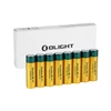Eight Olight Ostation B pro rechargeable Ni-MH AA batteries standing in front of white packaging box