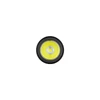 Round LED flashlight head, bright yellow light, black border, white background