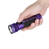 Olight Purple Seeker 4 Pro flashlight held in hand, with circuit pattern, rotary switch, and textured grip for powerful outdoor illumination.