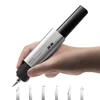 Hand holding HOZO NeoBlade ultrasonic cutting knife with interchangeable precision hobby blades on white background
