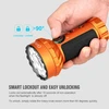 Olight Orange Marauder Mini flashlight held by hand, showing smart lockout rotary switch for easy unlocking.