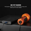 Olight Orange Marauder Mini flashlight charging with magnetic cable to power bank, featuring one-step charging.