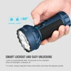 Olight Blue Marauder Mini flashlight held by hand, highlighting smart lockout rotary switch for safe transport.