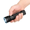 Hand holding Olight Seeker 3 Pro black tactical flashlight against white background