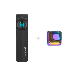 Olight Arkfeld Pro flat flashlight in black paired with a colorful rainbow gradient fidget spinner spinner toy.