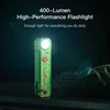 400-lumen high-performance green and red splattered flashlight shining bright in the dark.