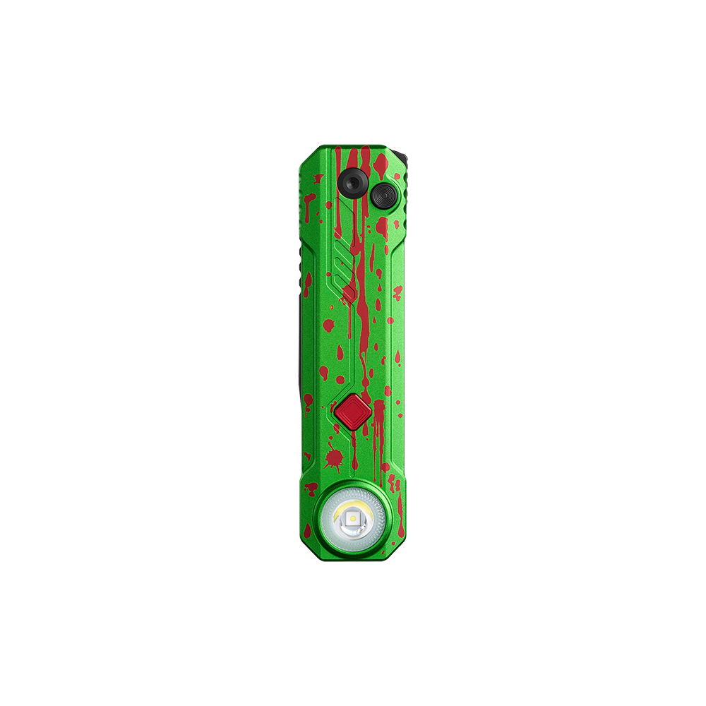 Green and red splatter EDC pocket flashlight on black background