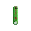 Green and red splatter EDC pocket flashlight on black background