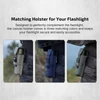 Matching canvas flashlight holster in olive green, dark blue, and black for secure and accessible carry.