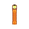 Orange angled head flashlight with triple LED and textured body.