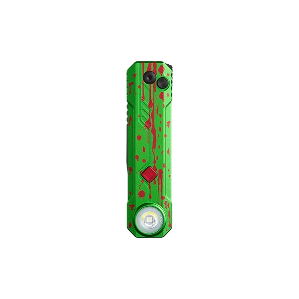 Zombie green EDC flashlight with red blood splatter pattern on black background