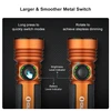 Olight Seeker 4 Pro orange flashlight with large, smooth metal switch for mode switching and stepless dimming, with battery and brightness indicators.