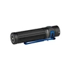 Black Olight Baton 3 Pro Max flashlight with blue pocket clip and textured grip