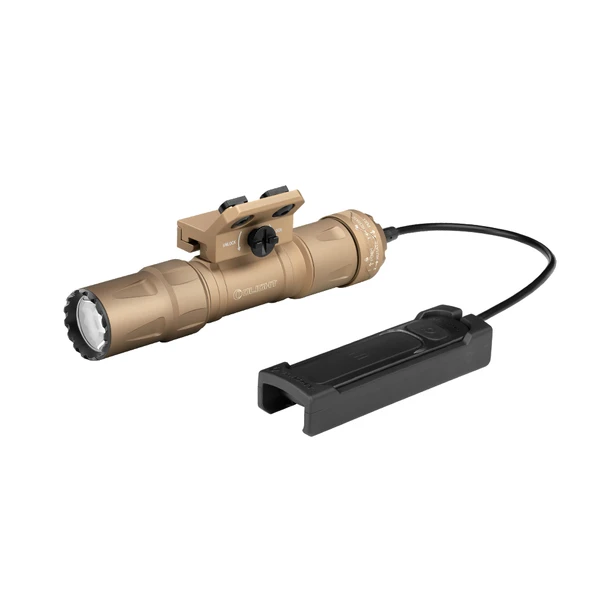 Olight tan tactical weapon light with remote pressure switch and rail mount.