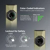 Olight ArkPro olive green flashlight showing color-coded brightness and battery level indicators, along with safety lockout feature.