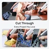 HOZO NeoBlade ultrasonic cutting knife slicing through 3D prints, wood, leather, dental molds, and plastic models