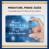 Hand holding Olight i3E EOS blue keychain flashlight showing miniature pinkie size and 0.68 oz lightweight specs.