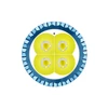 Close up of a quad LED flashlight head with blue scalloped bezel and yellow reflectors on white background