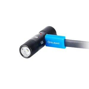 Olight Perun Mini Kit black angled flashlight attached to blue Olight headband, white background