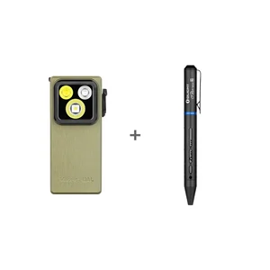 Olight Oclip Ultra, an olive green clip light, front view, featuring three LED lights for illumination and hands-free use.