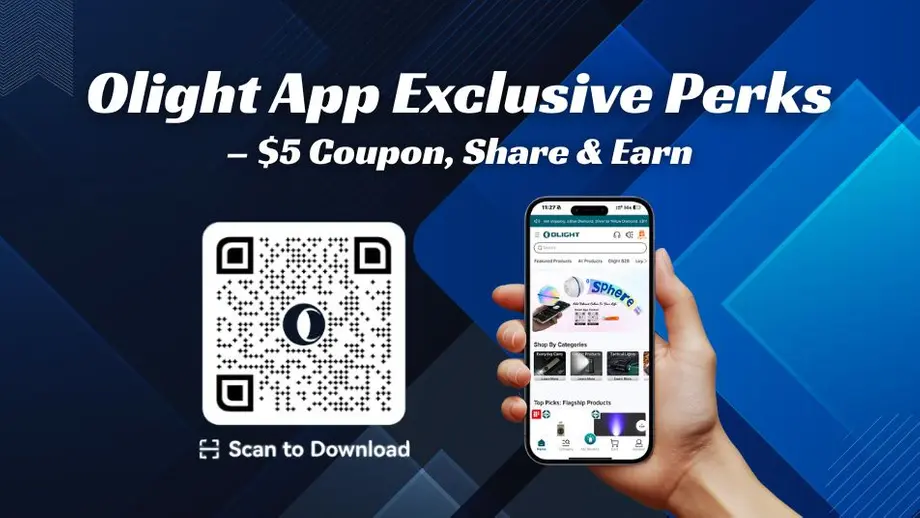Olight App exclusive perks with $5 coupon and Sphere discounts, shown next to a QR code for download and a smartphone display.