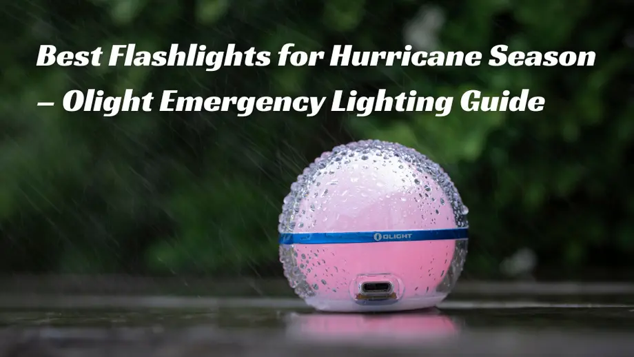 Pink Olight spherical emergency light covered in rain, ideal for hurricane season preparedness.