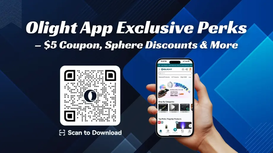 Olight App exclusive perks with $5 coupon and Sphere discounts, shown next to a QR code for download and a smartphone display.