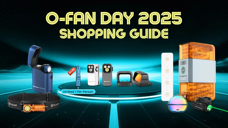 Olight O-FAN DAY 2025 Shopping Guide featuring tactical lights, headlamps, charging docks, and optics.