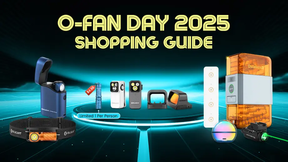 Olight O-FAN DAY 2025 Shopping Guide featuring tactical lights, headlamps, charging docks, and optics.