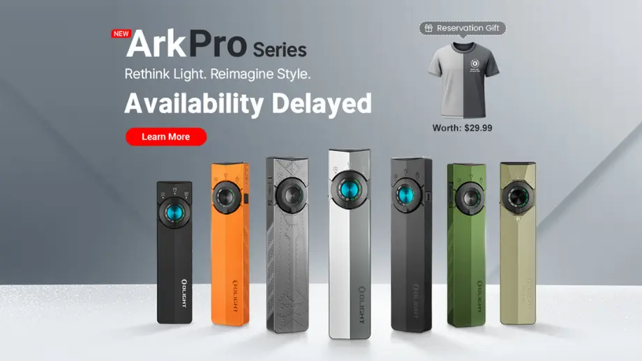 Olight ArkPro Series flashlights in diverse colors, reservation gift T-shirt. Availability delayed.