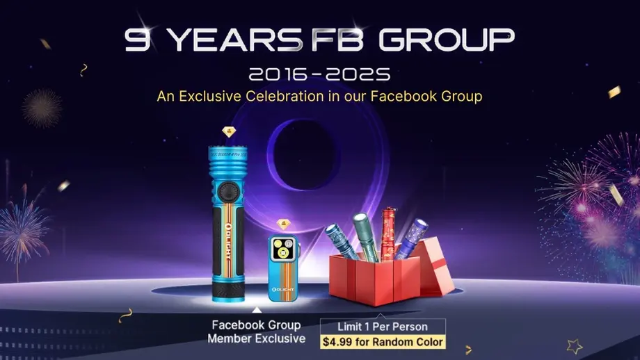 Olight 9-year Facebook Group celebration: Seeker 4 Pro, other flashlights, exclusive $4.99 member offer.