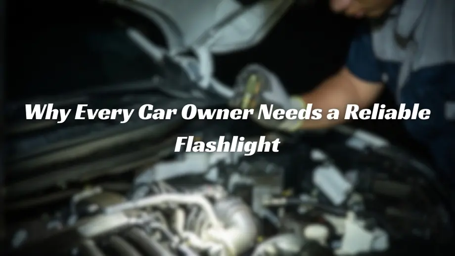 Car owner examining engine with flashlight in darkness for emergency repair.