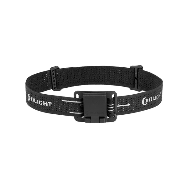 Black Olight adjustable headlamp strap with quick-release mount for secure hands-free illumination.