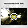 Auto-dimming proximity sensor on a flashlight, showing reduced brightness near objects to prevent damage.