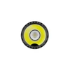 Top-down view of a circular, black-rimmed LED flashlight with bright yellow and white illumination.