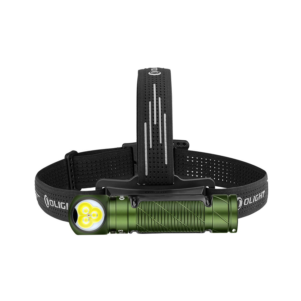 Green Olight multi-LED headlamp with textured body and black elastic strap.