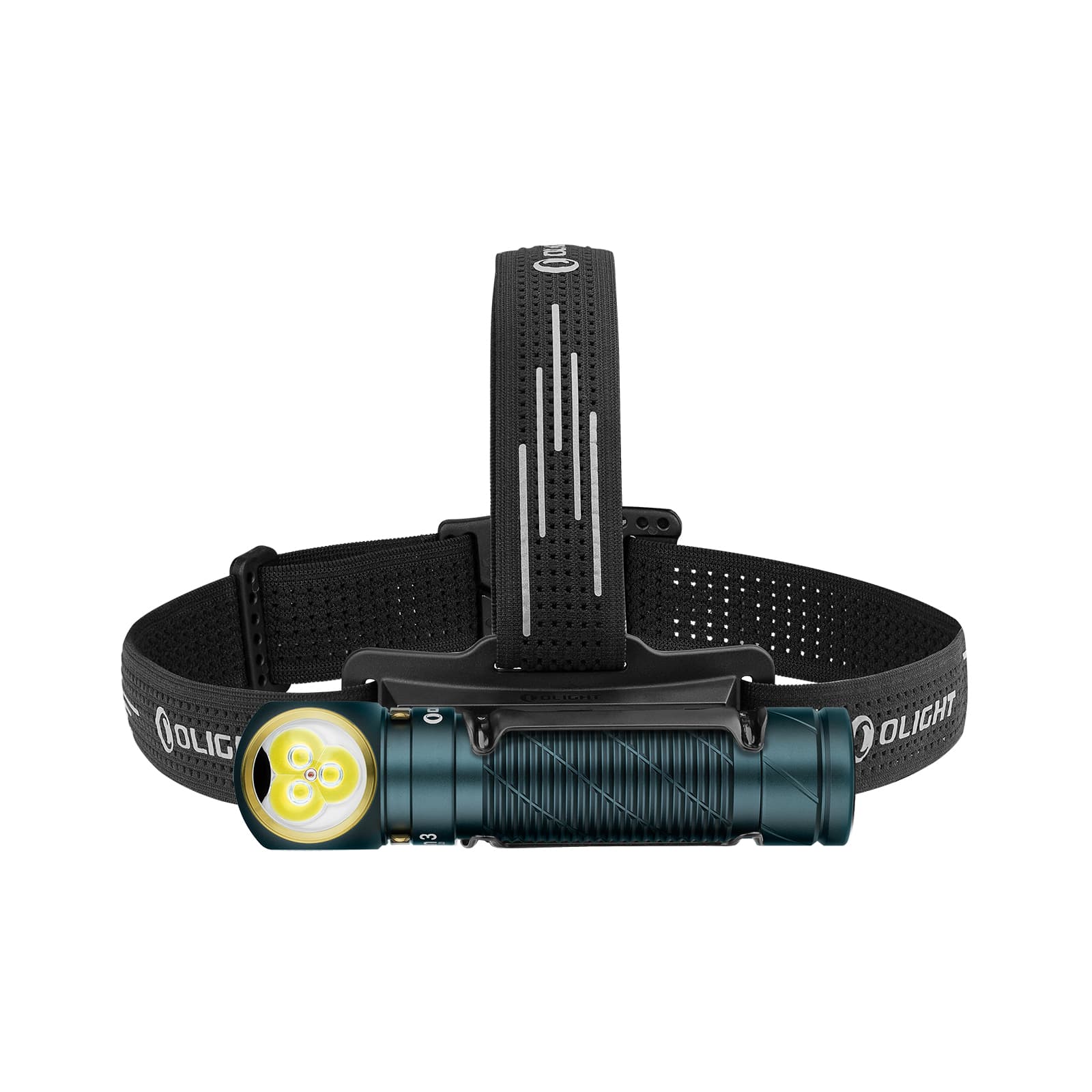 Dark teal Olight headlamp with three bright LED lights and black adjustable headband.