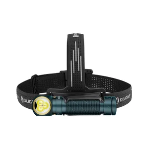 Dark teal Olight headlamp with three bright LED lights and black adjustable headband.