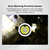 Flashlight auto-dimming proximity sensor reducing brightness near objects in a bag to prevent heat damage.