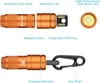 Orange Olight flashlight features: aluminum body, magnetic cap, integrated USB, cool white LED, magnetic base, charging indicator, key chain.