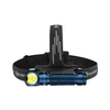 Blue Olight headlamp, three LEDs, black adjustable elastic strap for outdoor activities.