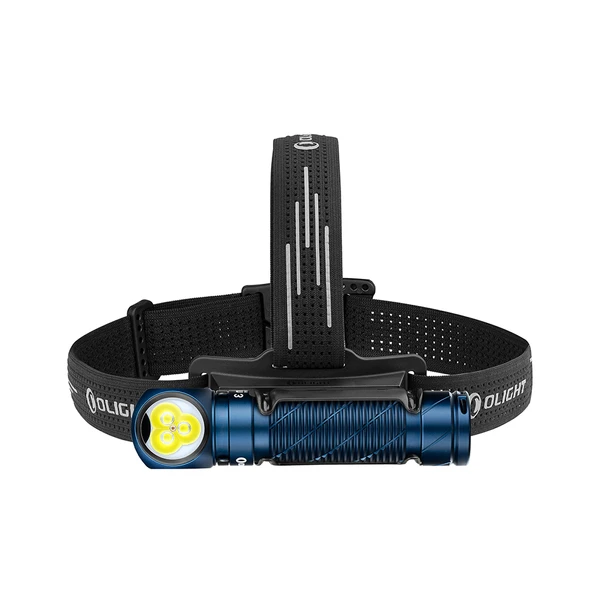 Blue Olight headlamp, three LEDs, black adjustable elastic strap for outdoor activities.