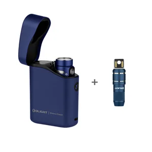 Olight Baton 4 Premium in blue, shown with its wireless charger, ideal for portable lighting and charging needs.