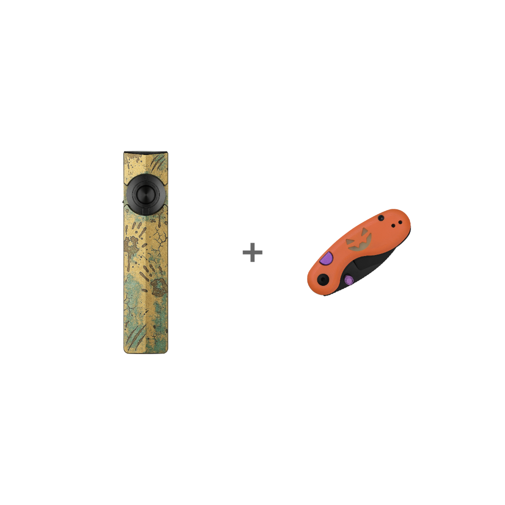 Halloween zombie themed flashlight and orange jack o lantern pocket knife bundle on white background